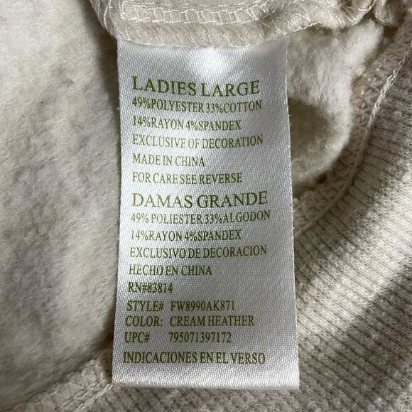 GREEN TEA Beige Handwarmer Pocket Sweatshirt Vneck Drawstring Neckline Sz Large - Picture 6 of 8